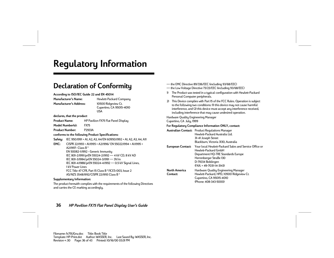 HP FX75 manual Regulatory Information, Declaration of Conformity 