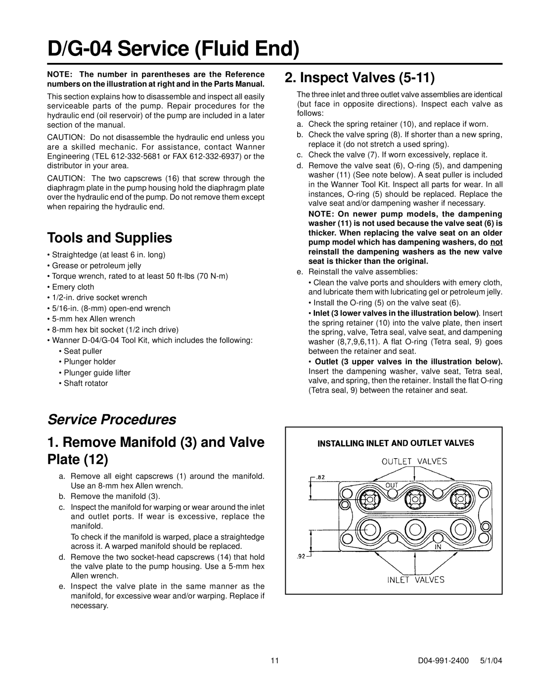 HP D-04, G-04 manual Tools and Supplies, Remove Manifold 3 and Valve Plate, Inspect Valves 