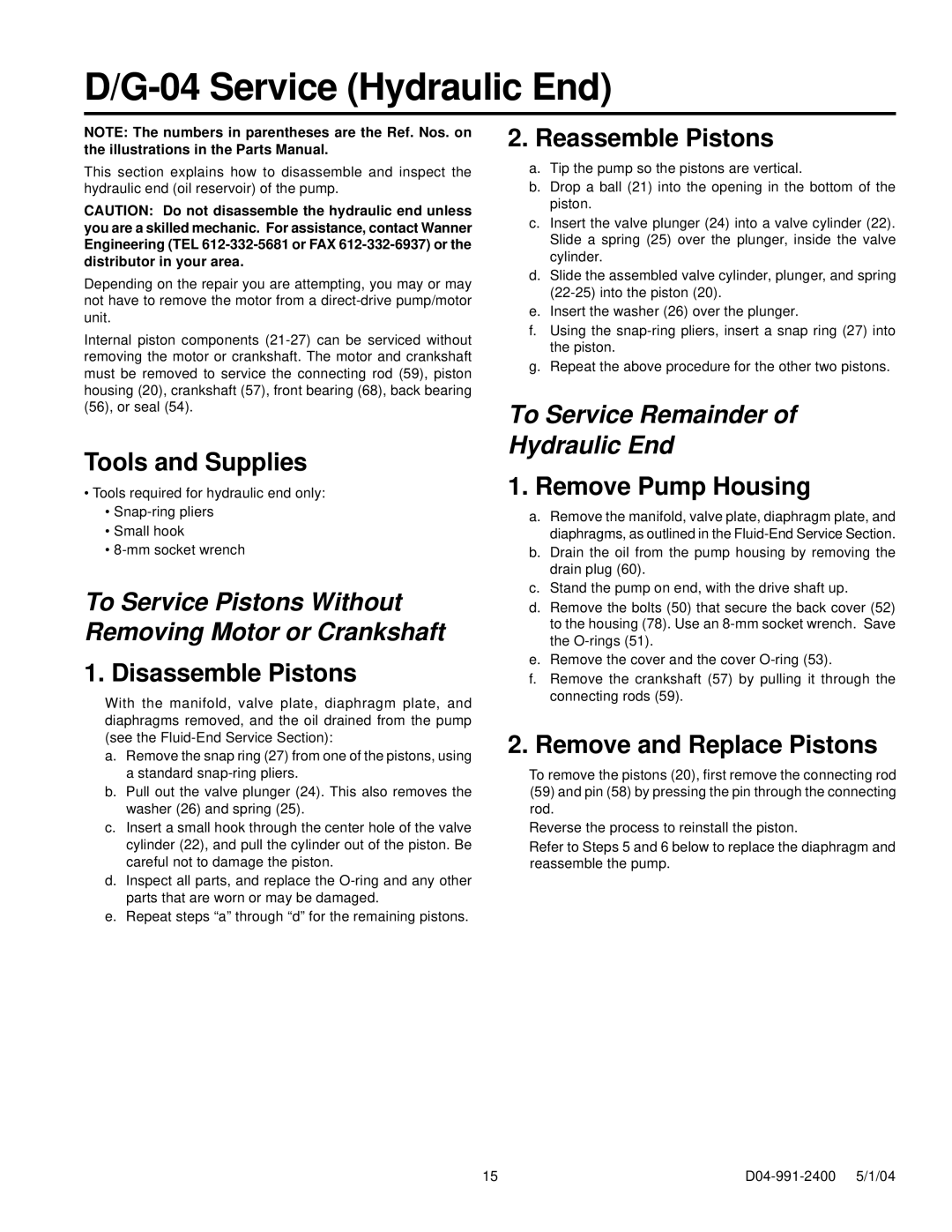 HP D-04, G-04 manual Disassemble Pistons, Reassemble Pistons, Remove Pump Housing, Remove and Replace Pistons 