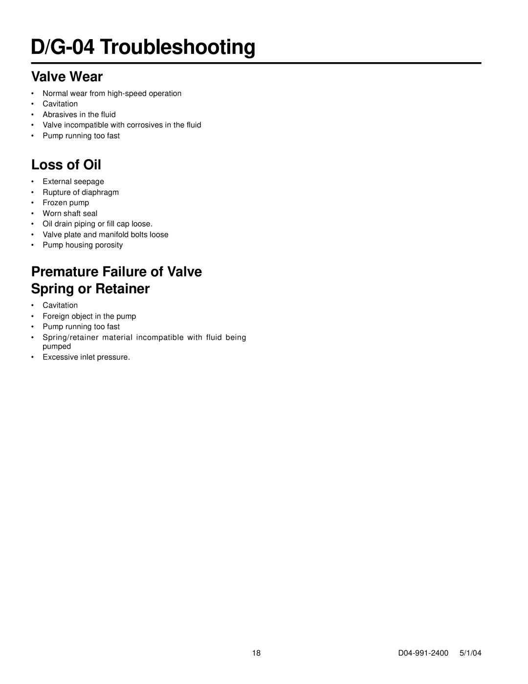 HP G-04, D-04 manual Valve Wear, Loss of Oil, Premature Failure of Valve Spring or Retainer 