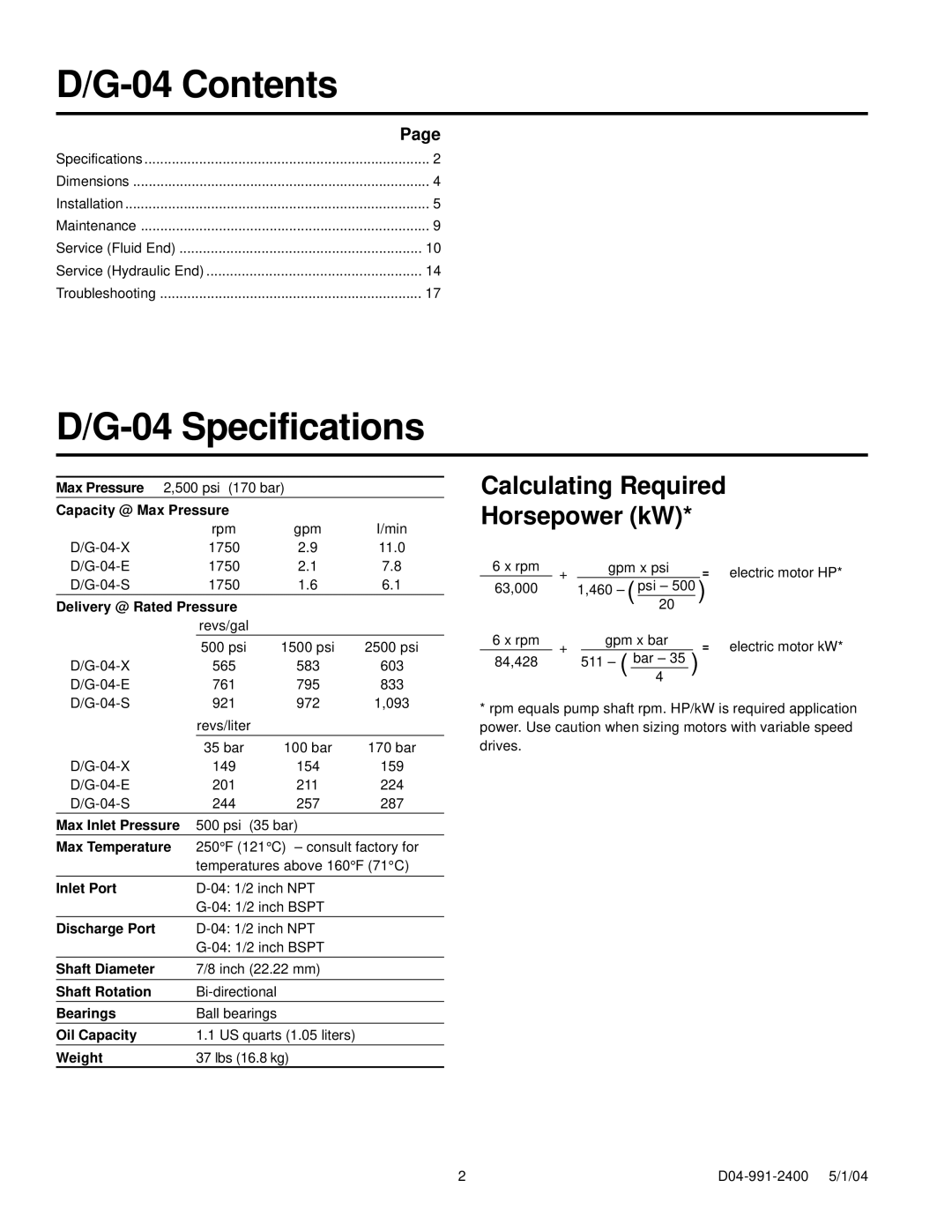 HP G-04, D-04 manual Contents, Specifications 