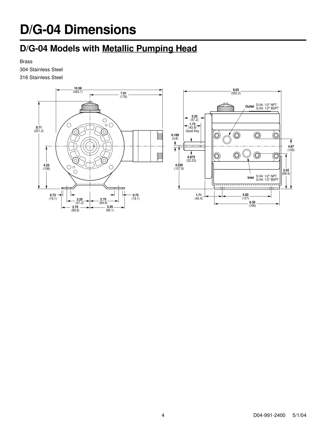 HP G-04, D-04 manual Dimensions, Models with Metallic Pumping Head 