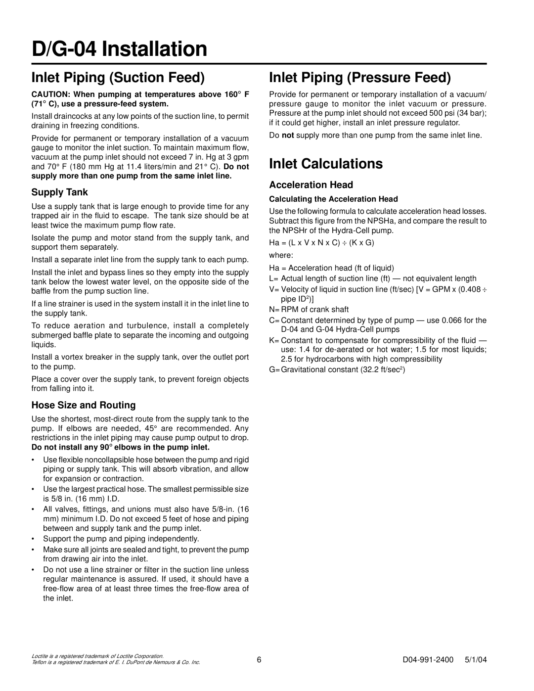 HP G-04, D-04 manual Inlet Piping Suction Feed, Inlet Piping Pressure Feed, Inlet Calculations 