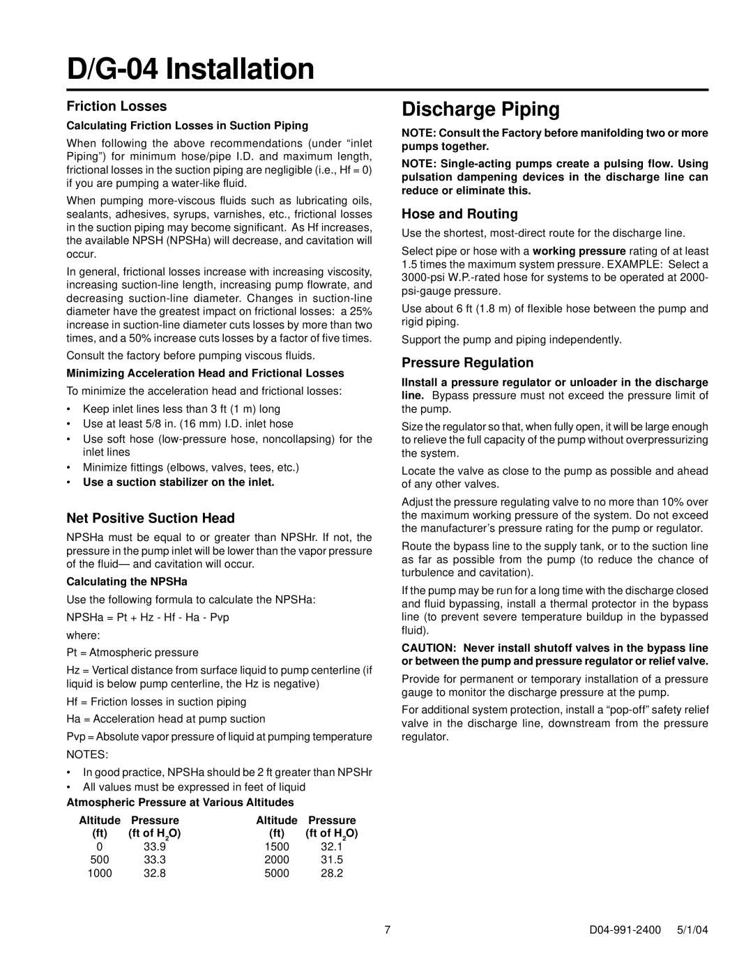 HP D-04, G-04 manual Discharge Piping, Friction Losses, Net Positive Suction Head, Hose and Routing, Pressure Regulation 