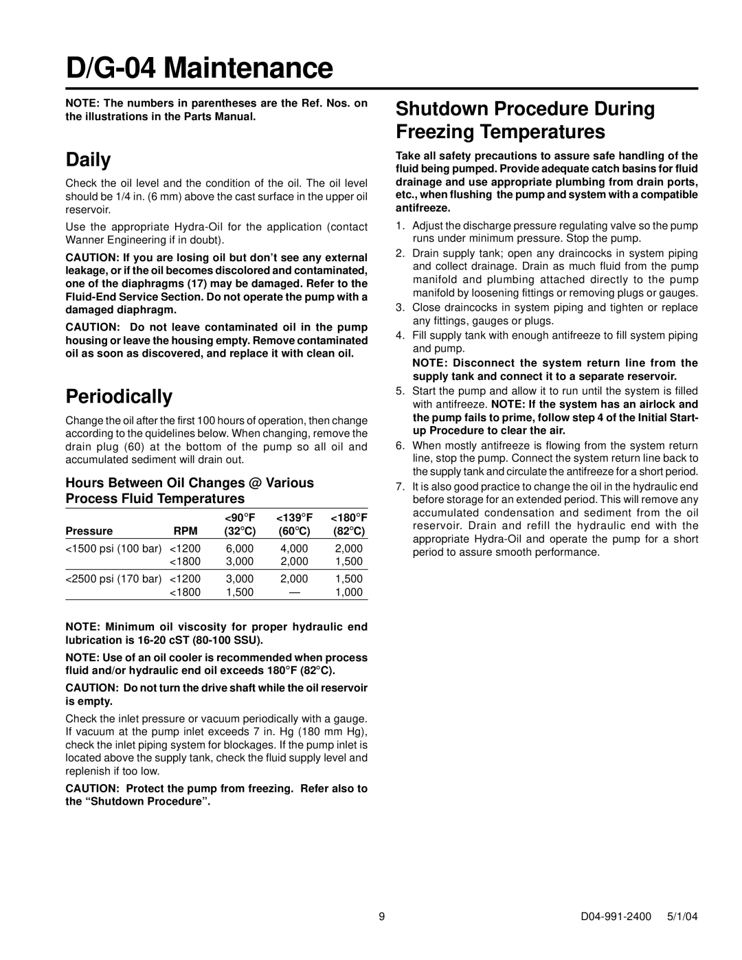 HP D-04, G-04 manual Maintenance, Daily, Periodically, Shutdown Procedure During Freezing Temperatures 