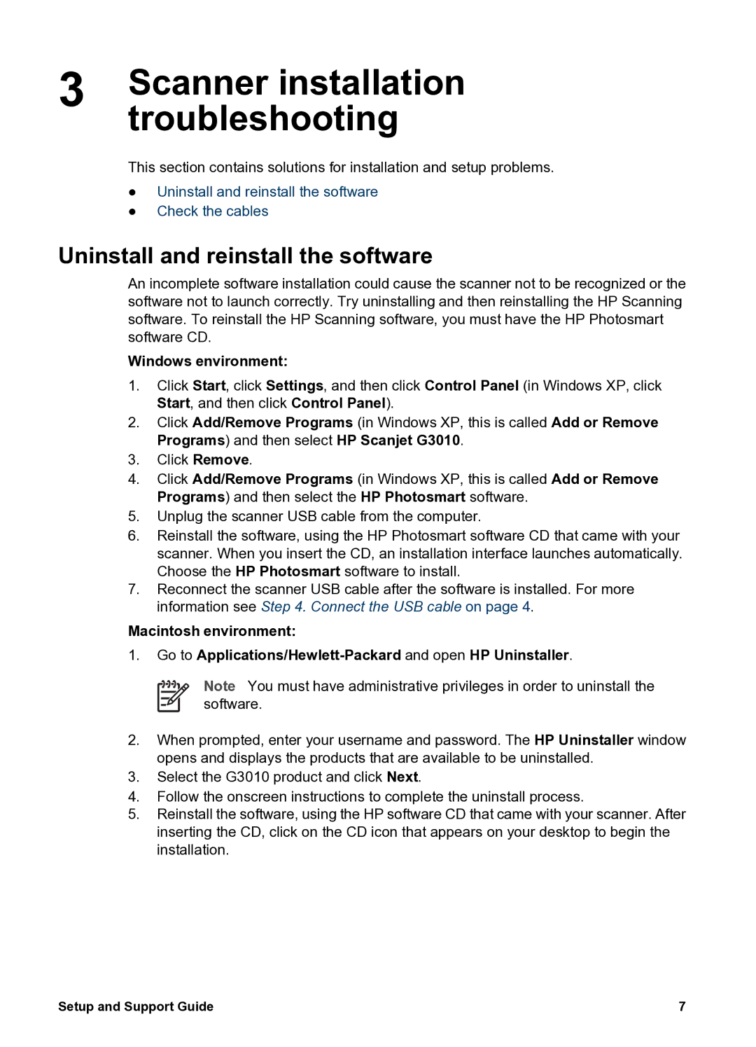 HP G 3010 manual Scanner installation, Troubleshooting, Uninstall and reinstall the software, Windows environment 