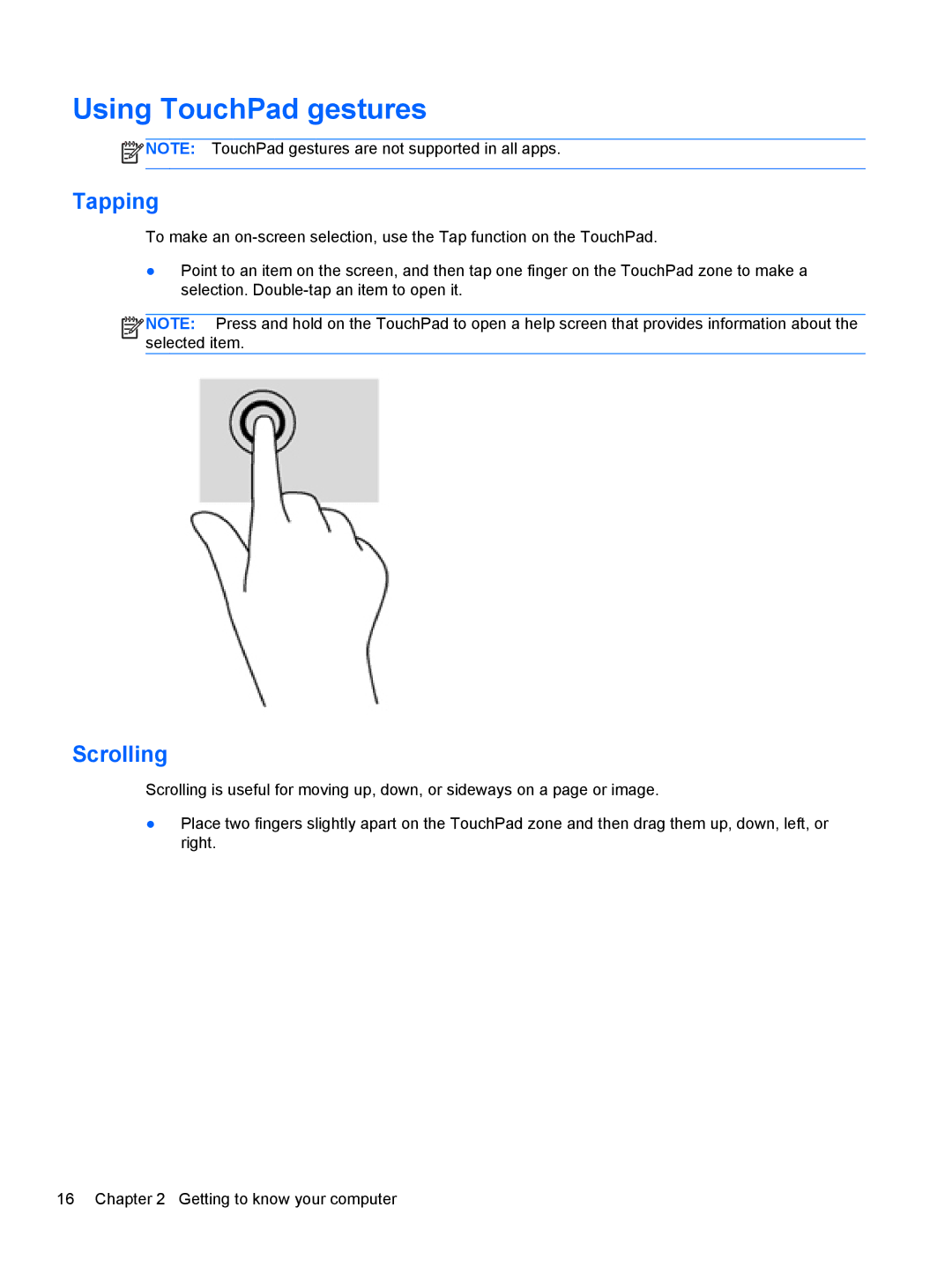 HP g012nr manual Using TouchPad gestures, Tapping, Scrolling 