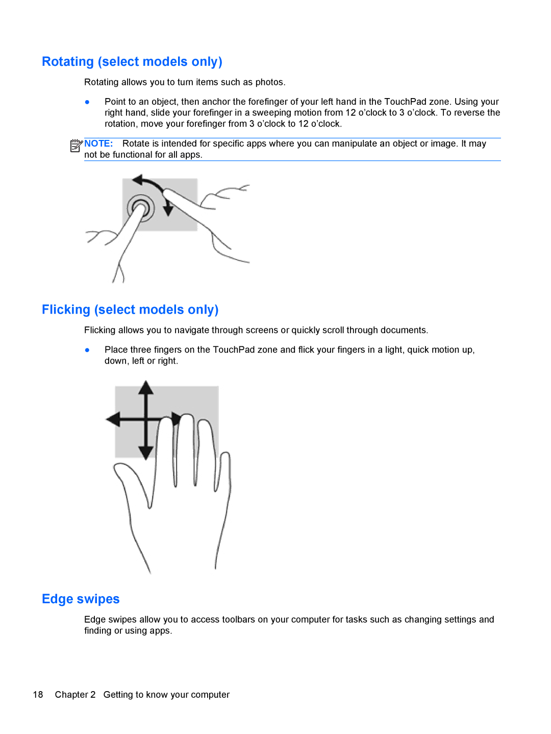 HP g012nr manual Rotating select models only, Flicking select models only, Edge swipes 