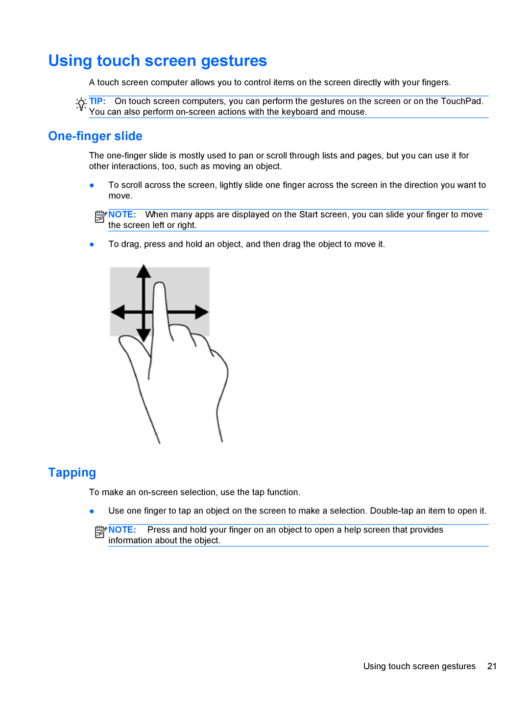 HP g012nr manual Using touch screen gestures, One-finger slide 