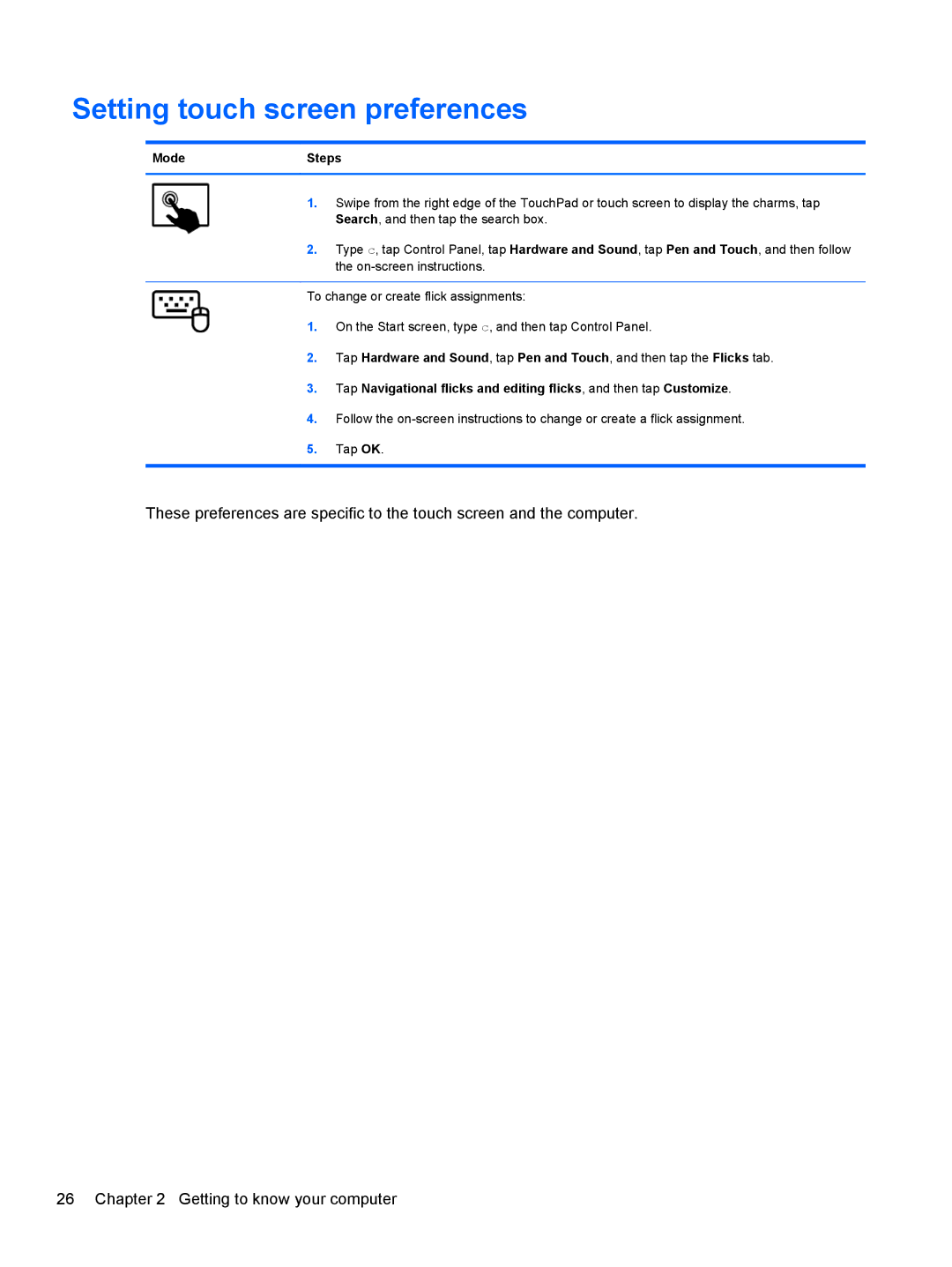 HP g012nr manual Setting touch screen preferences, ModeSteps 