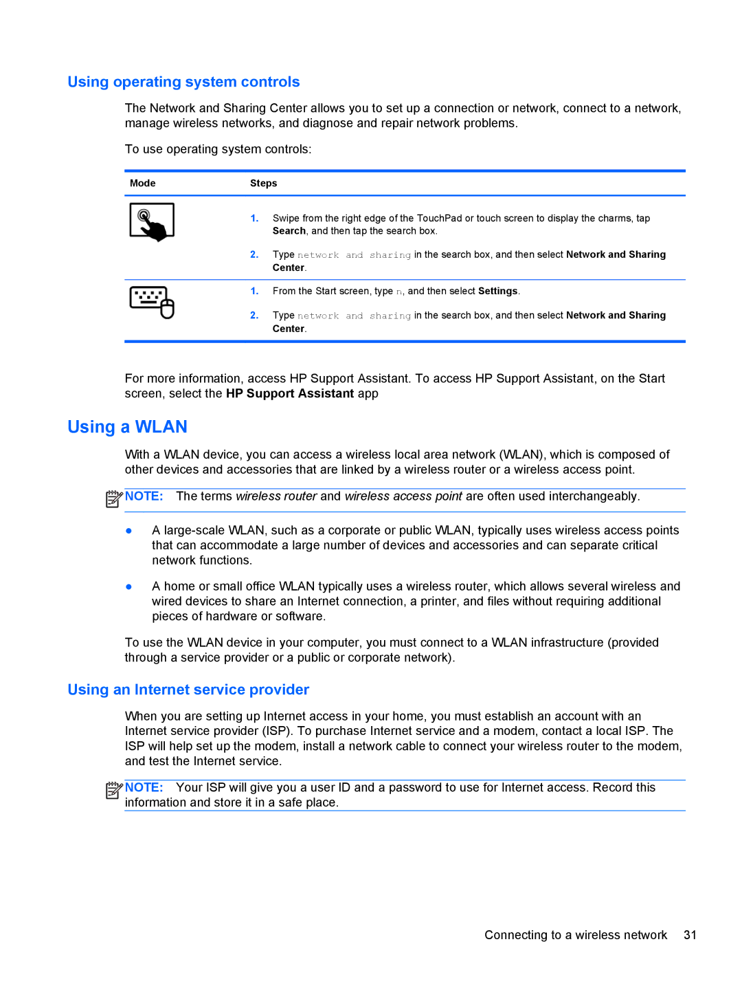 HP g012nr manual Using a Wlan, Using operating system controls, Using an Internet service provider 