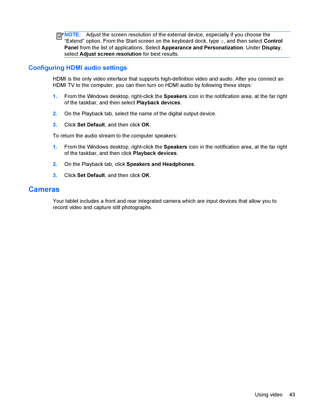 HP g012nr manual Cameras, Configuring Hdmi audio settings 