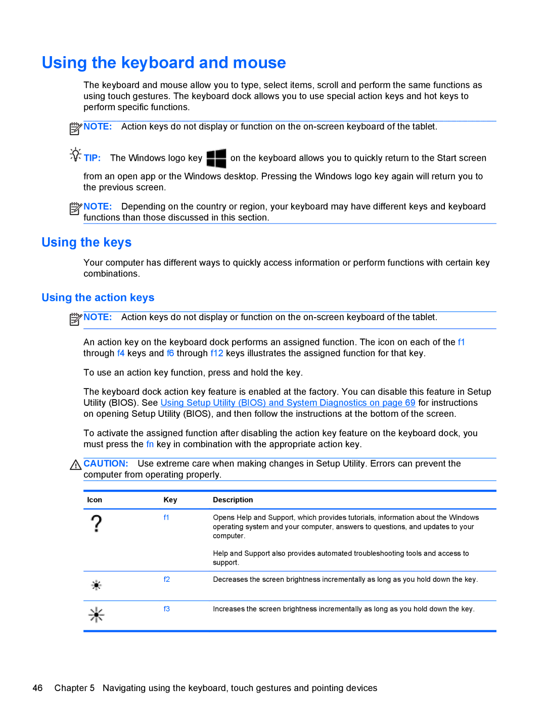 HP g012nr manual Using the keyboard and mouse, Using the keys, Using the action keys, Icon Key Description 