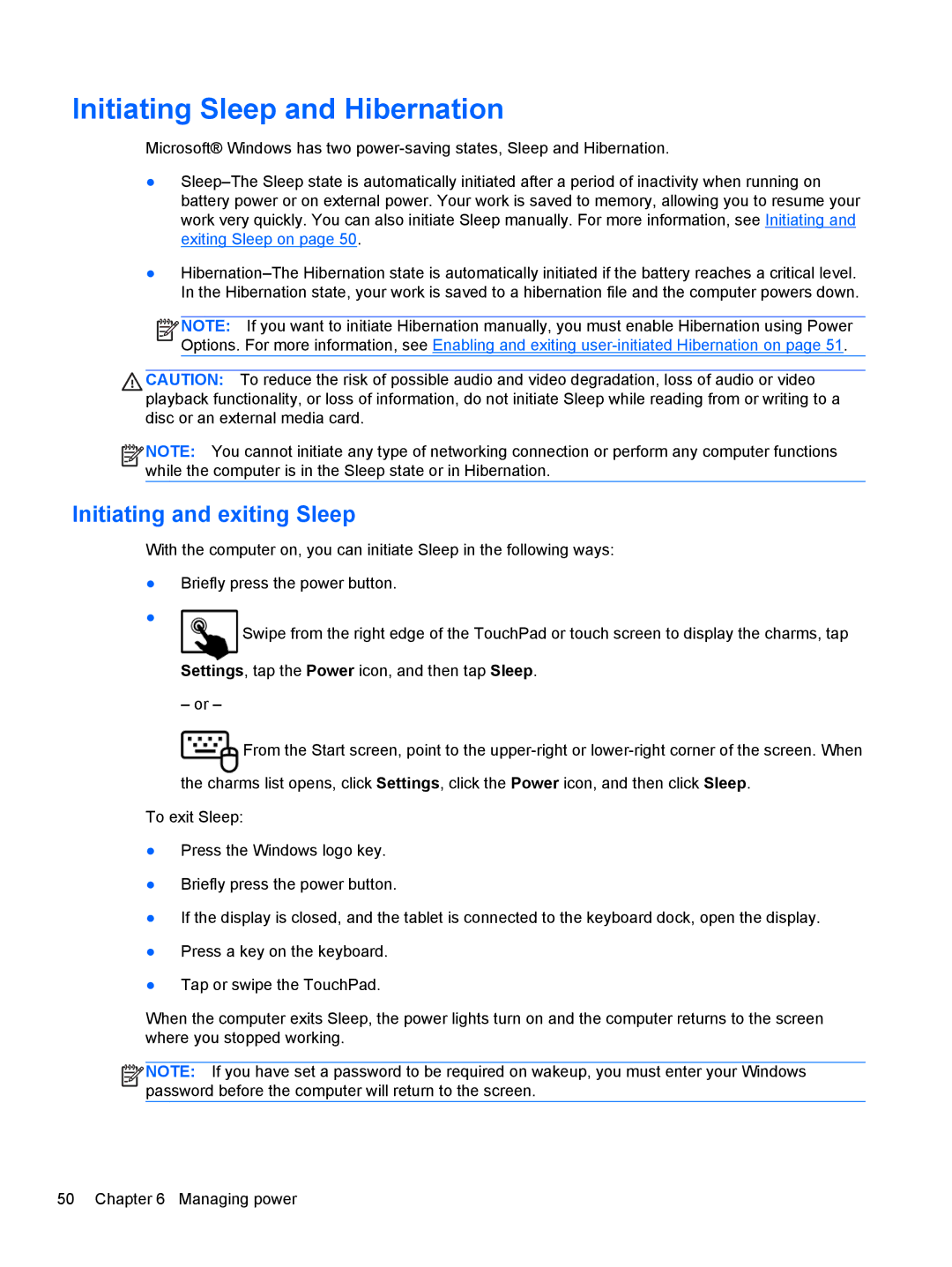 HP g012nr manual Initiating Sleep and Hibernation, Initiating and exiting Sleep 