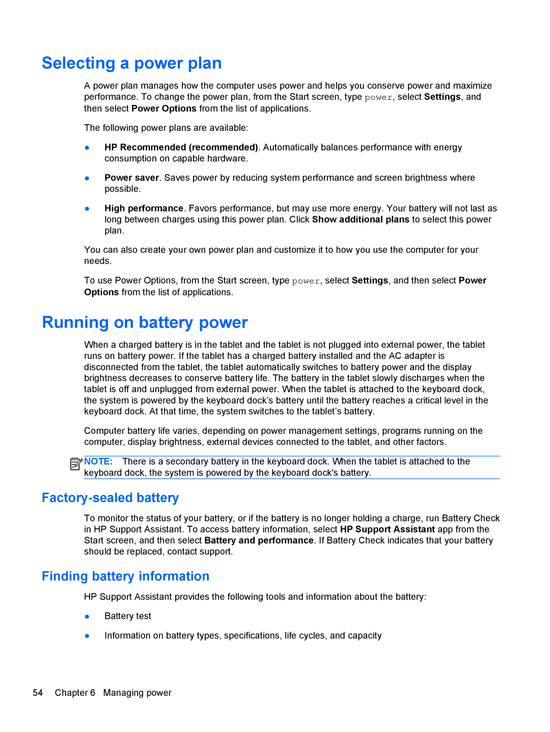 HP g012nr manual Selecting a power plan, Running on battery power, Factory-sealed battery, Finding battery information 