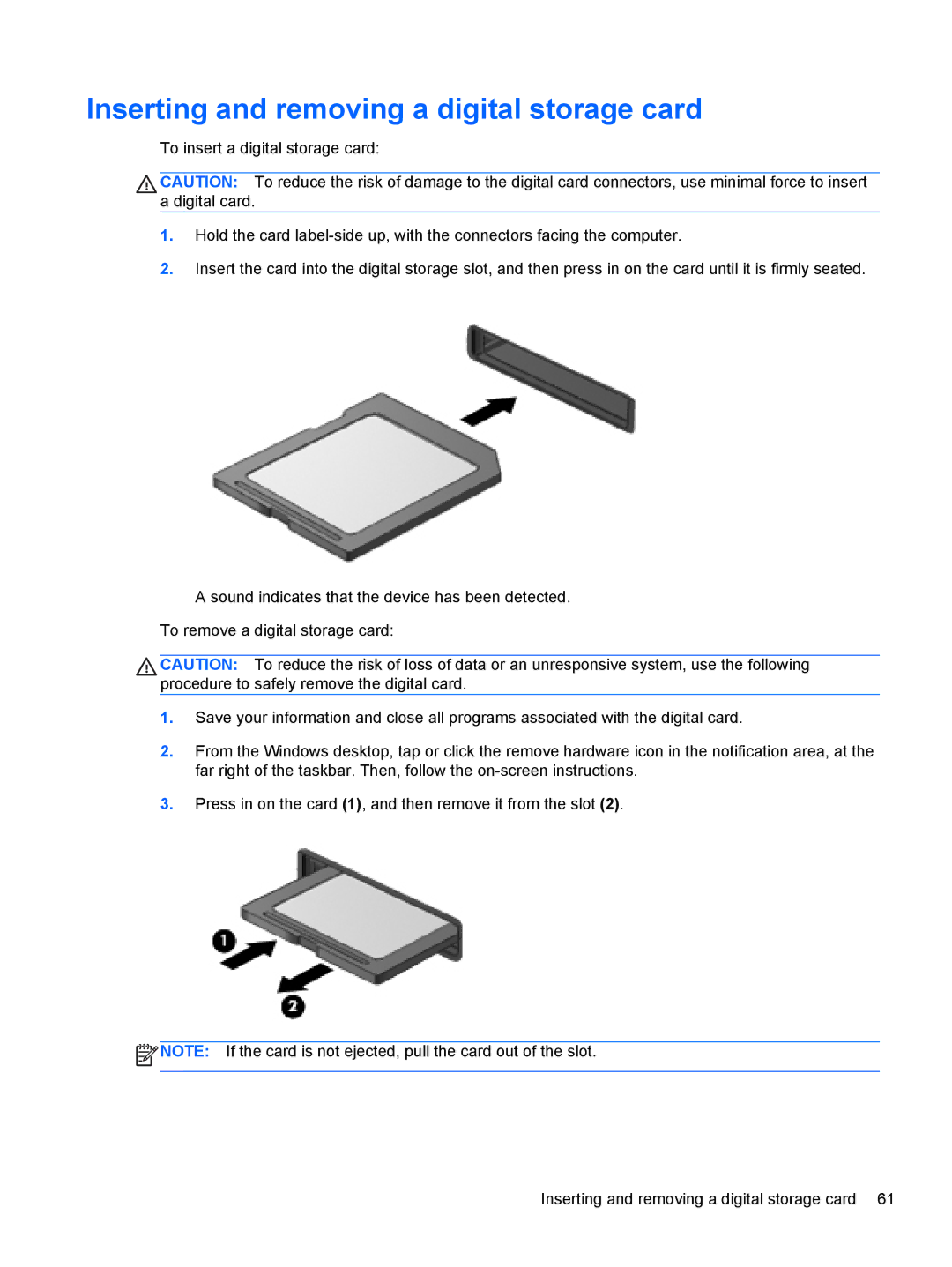 HP g012nr manual Inserting and removing a digital storage card 