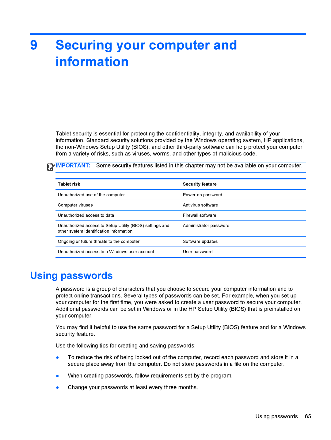 HP g012nr manual Securing your computer and information, Using passwords, Tablet risk Security feature 