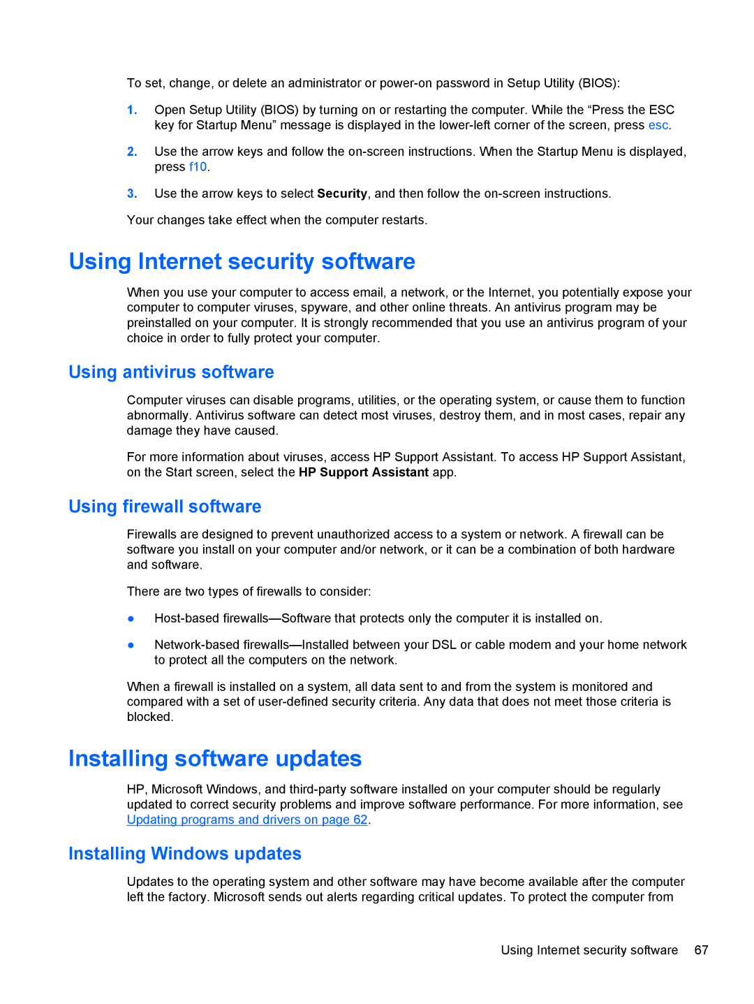 HP g012nr Using Internet security software, Installing software updates, Using antivirus software, Using firewall software 