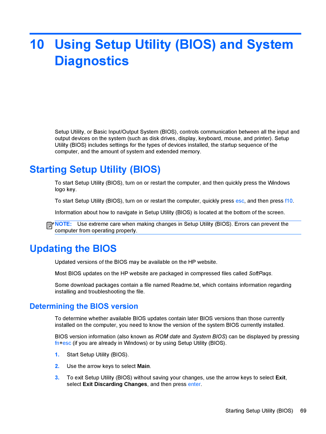 HP g012nr manual Using Setup Utility Bios and System Diagnostics, Starting Setup Utility Bios, Updating the Bios 