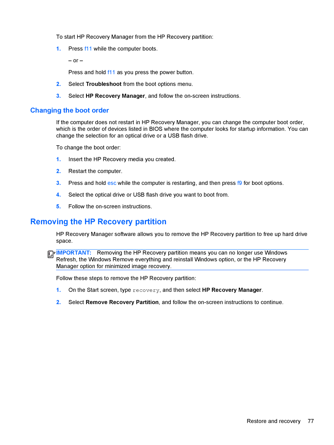 HP g012nr manual Removing the HP Recovery partition, Changing the boot order 