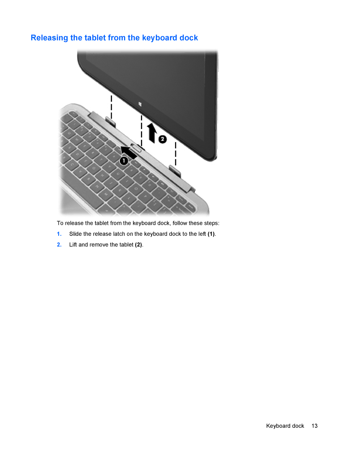 HP g012nr manual Releasing the tablet from the keyboard dock 