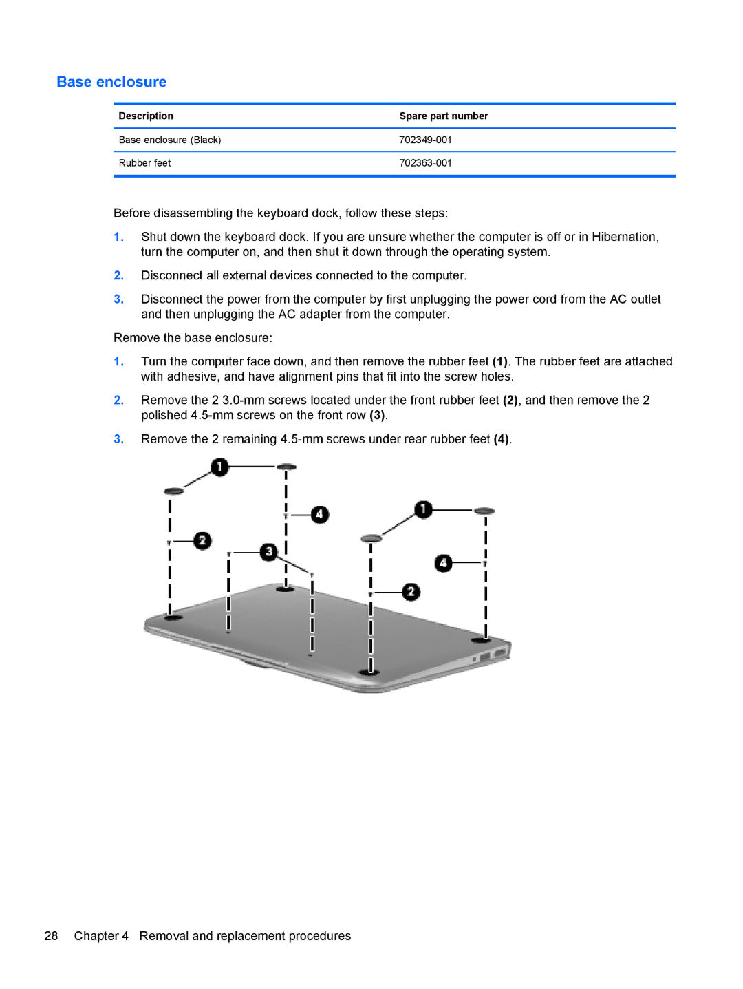 HP g012nr manual Base enclosure, Description Spare part number 