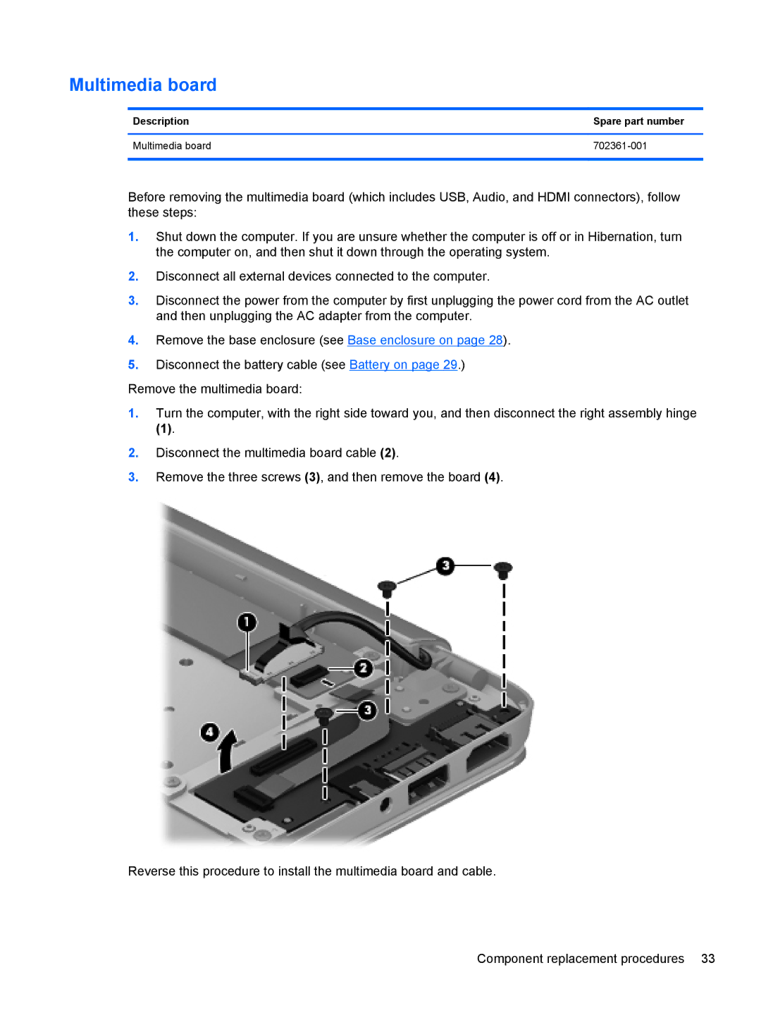 HP g012nr manual Description Spare part number Multimedia board 702361-001 