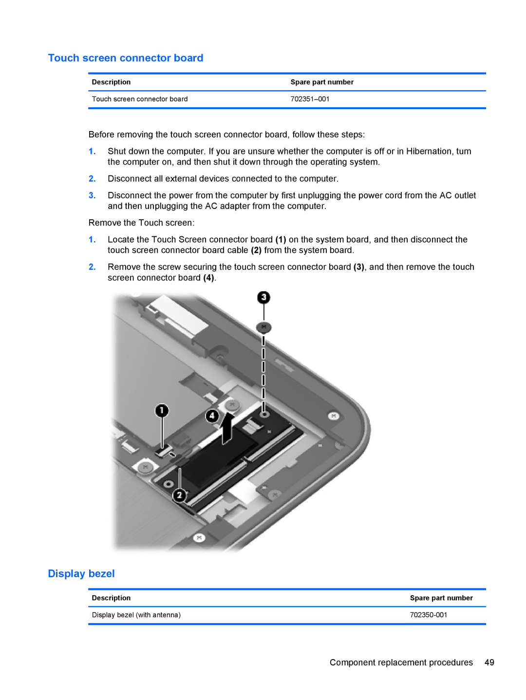 HP g012nr manual Touch screen connector board, Display bezel 