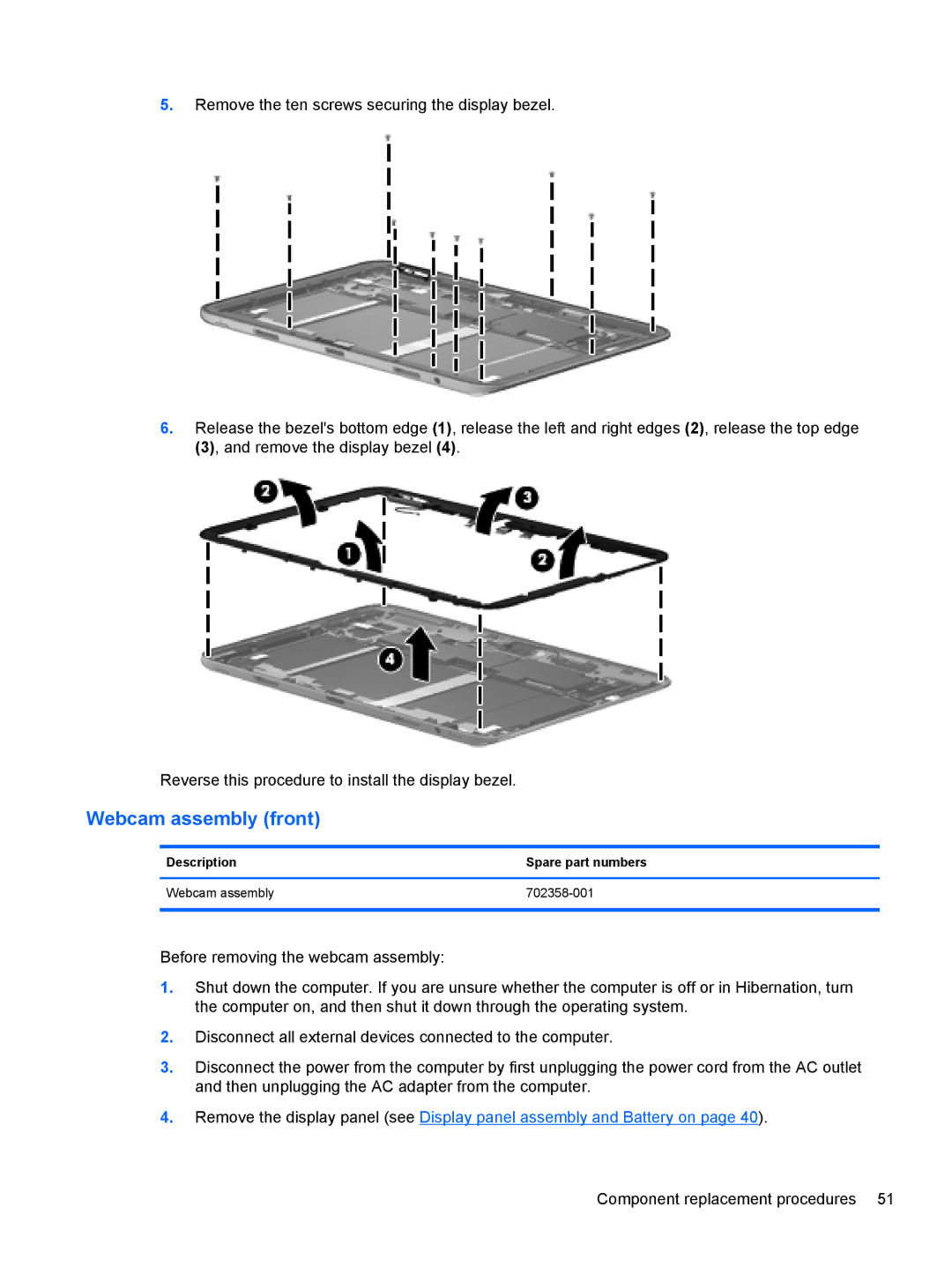 HP g012nr manual Webcam assembly front, Description Spare part numbers Webcam assembly 702358-001 