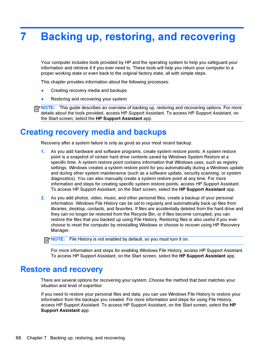 HP g012nr manual Backing up, restoring, and recovering, Creating recovery media and backups, Restore and recovery 