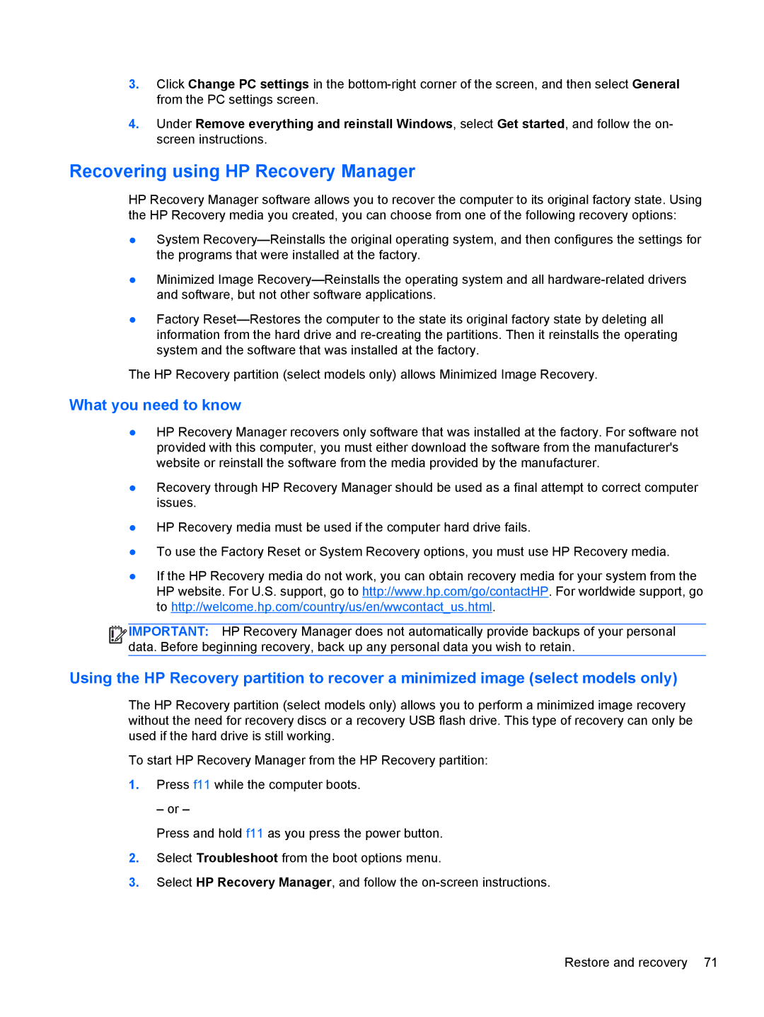 HP g012nr manual Recovering using HP Recovery Manager, What you need to know 