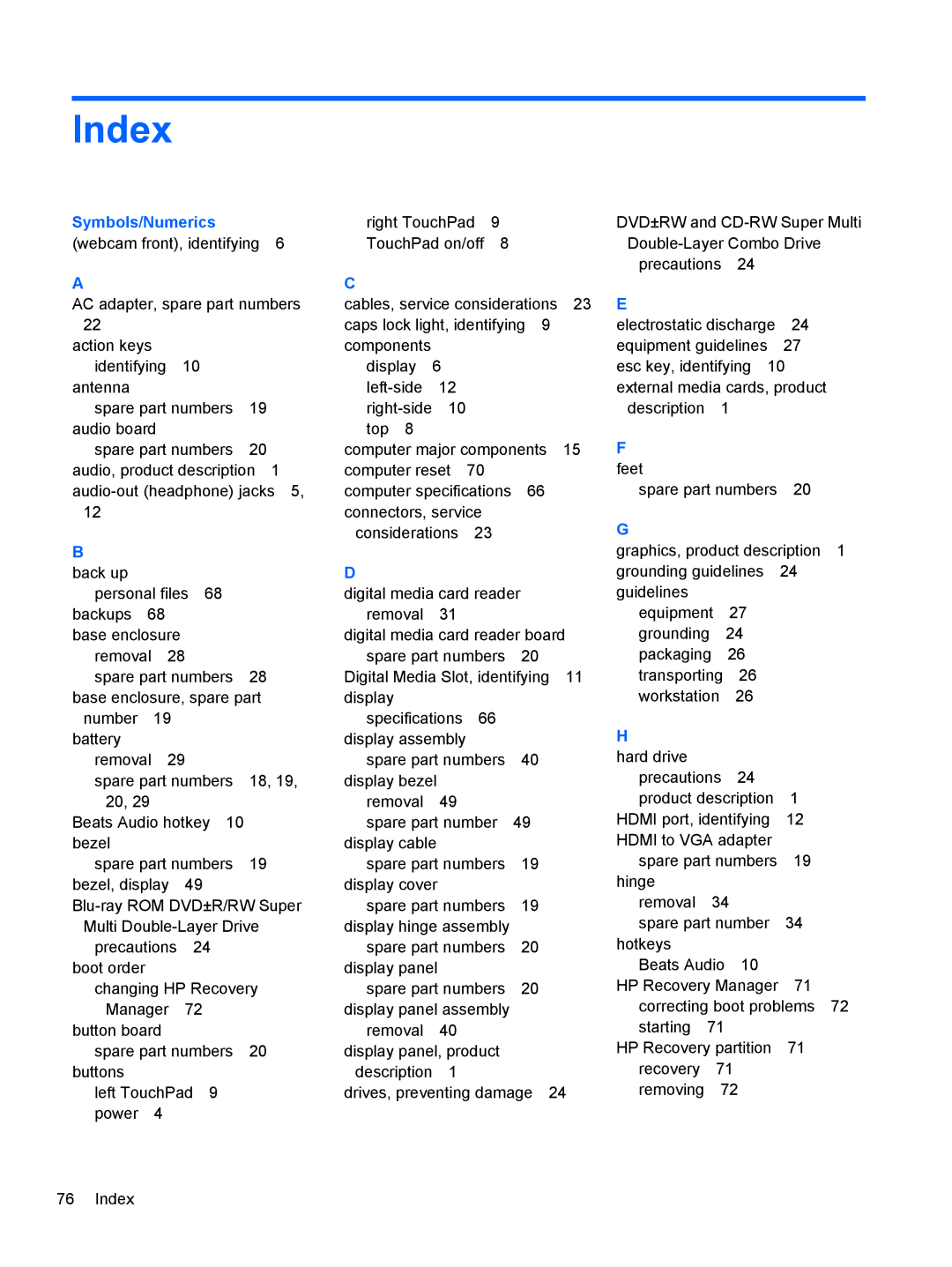 HP g012nr manual Index, Symbols/Numerics webcam front, identifying 