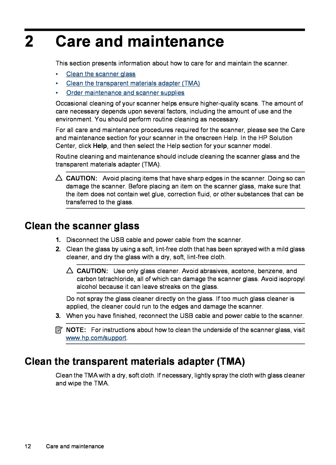HP G3110 L2698A manual Care and maintenance, Clean the scanner glass, Clean the transparent materials adapter TMA 