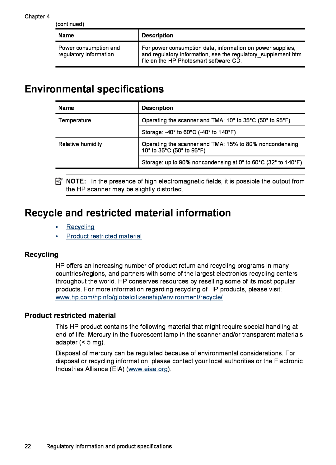 HP G3110 L2698A manual Environmental specifications, Recycle and restricted material information, Recycling 