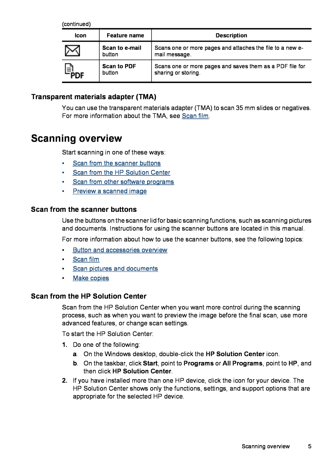 HP G3110 L2698A manual Scanning overview, Transparent materials adapter TMA, Scan from the scanner buttons, Make copies 