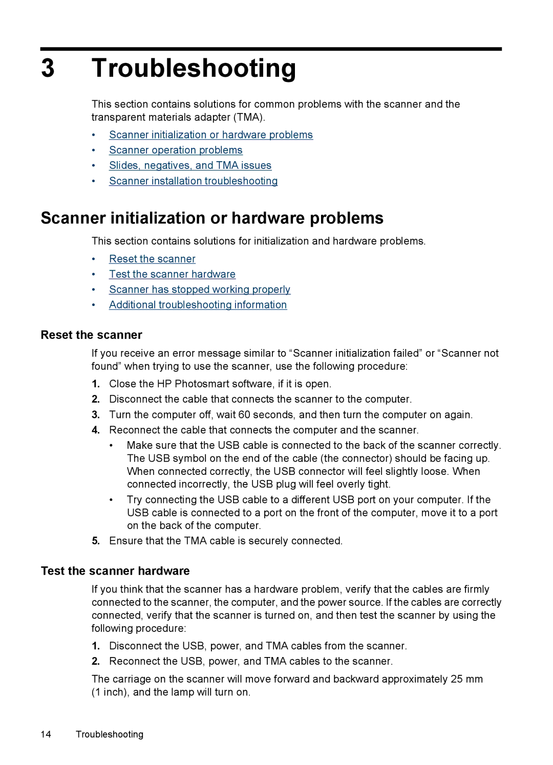 HP G3110 Photo Troubleshooting, Scanner initialization or hardware problems, Reset the scanner, Test the scanner hardware 