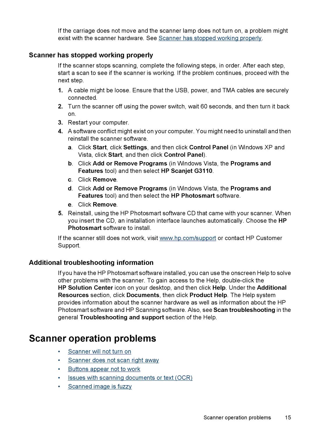 HP G3110 Photo Scanner operation problems, Scanner has stopped working properly, Additional troubleshooting information 