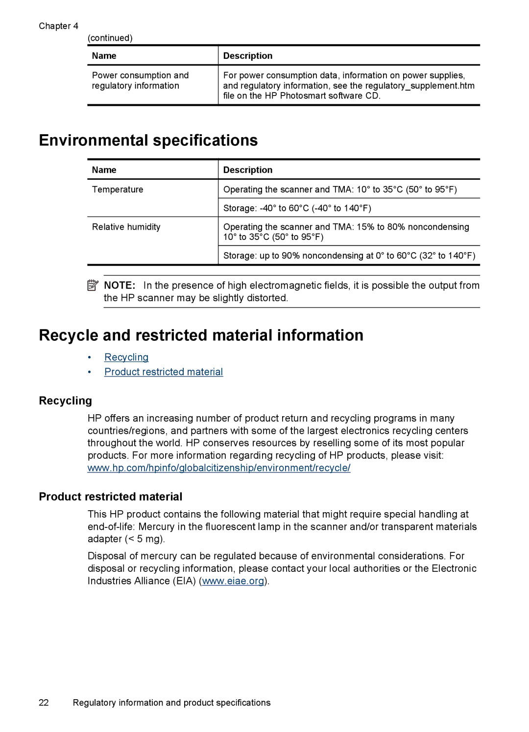 HP G3110 Photo manual Environmental specifications, Recycle and restricted material information 