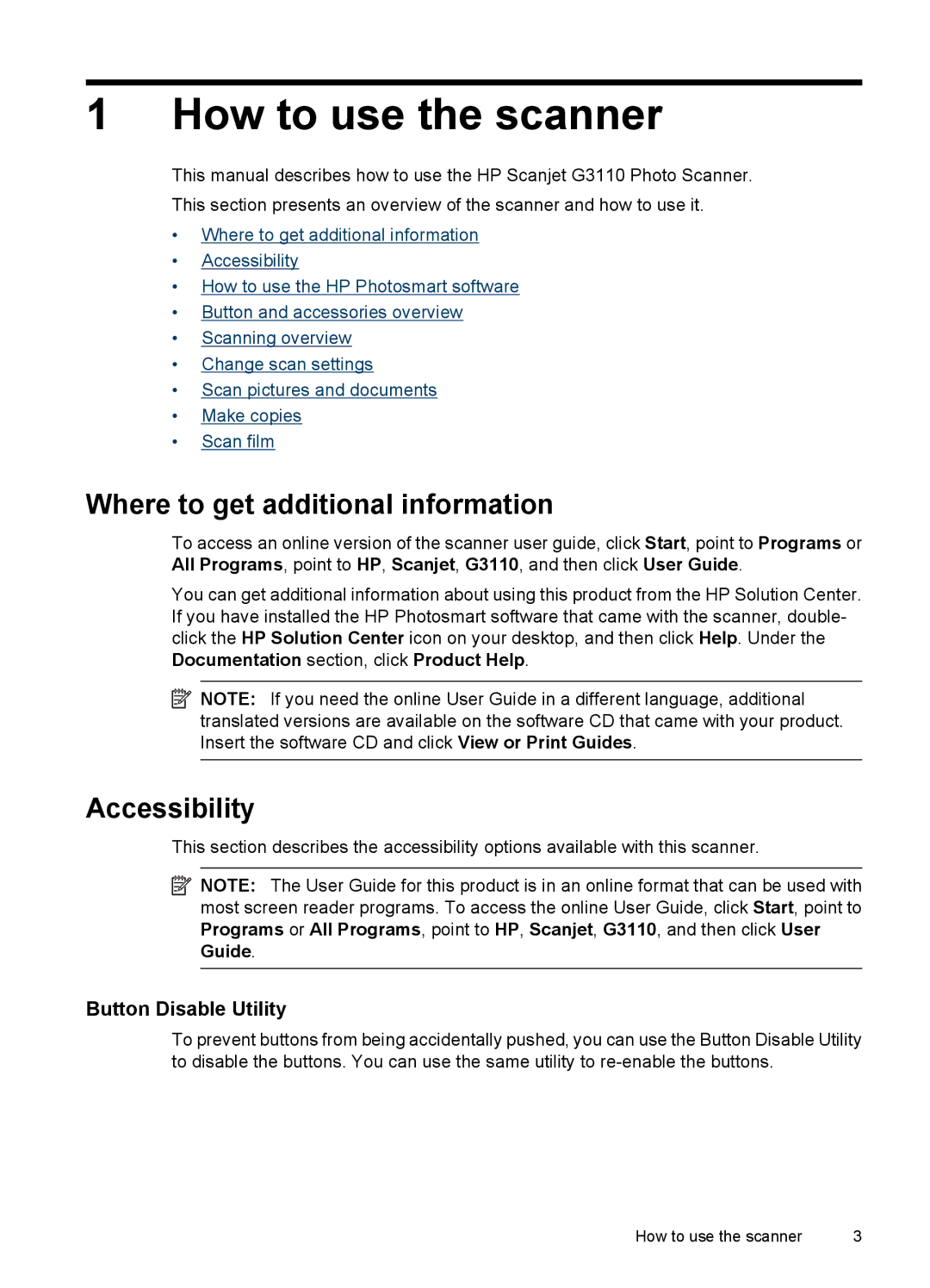 HP G3110 Photo manual How to use the scanner, Where to get additional information, Accessibility, Button Disable Utility 