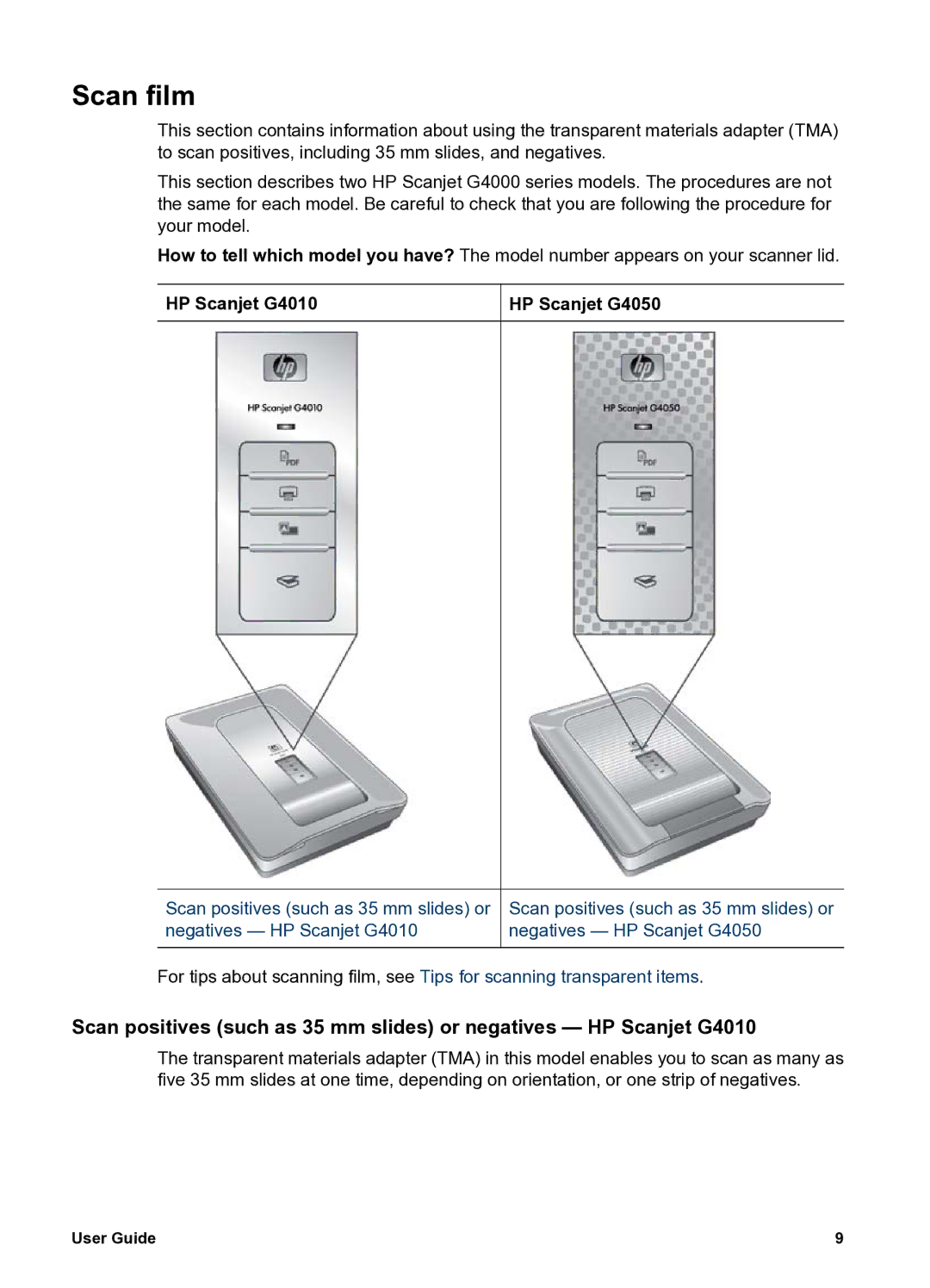 HP G4010 Photo manual Scan film, HP Scanjet G4010 HP Scanjet G4050 