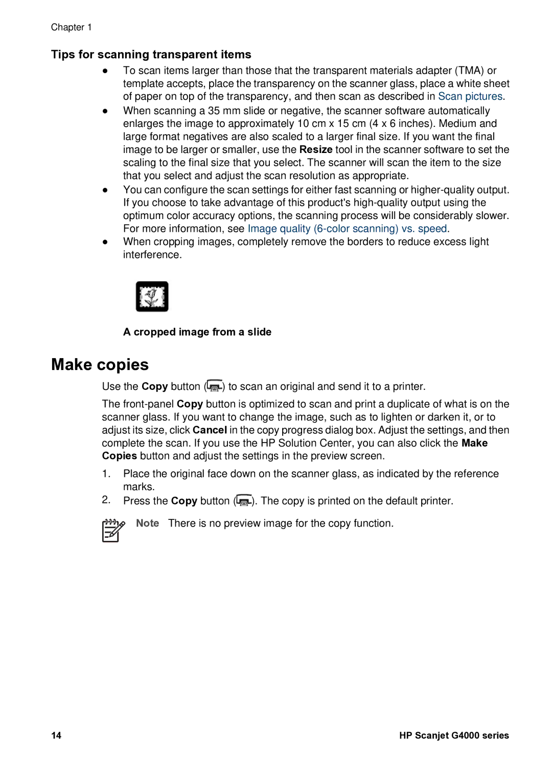 HP G4010 Photo manual Make copies, Tips for scanning transparent items 