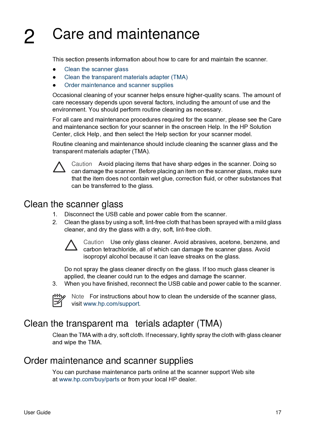 HP G4010 Photo manual Care and maintenance, Clean the scanner glass, Clean the transparent materials adapter TMA 