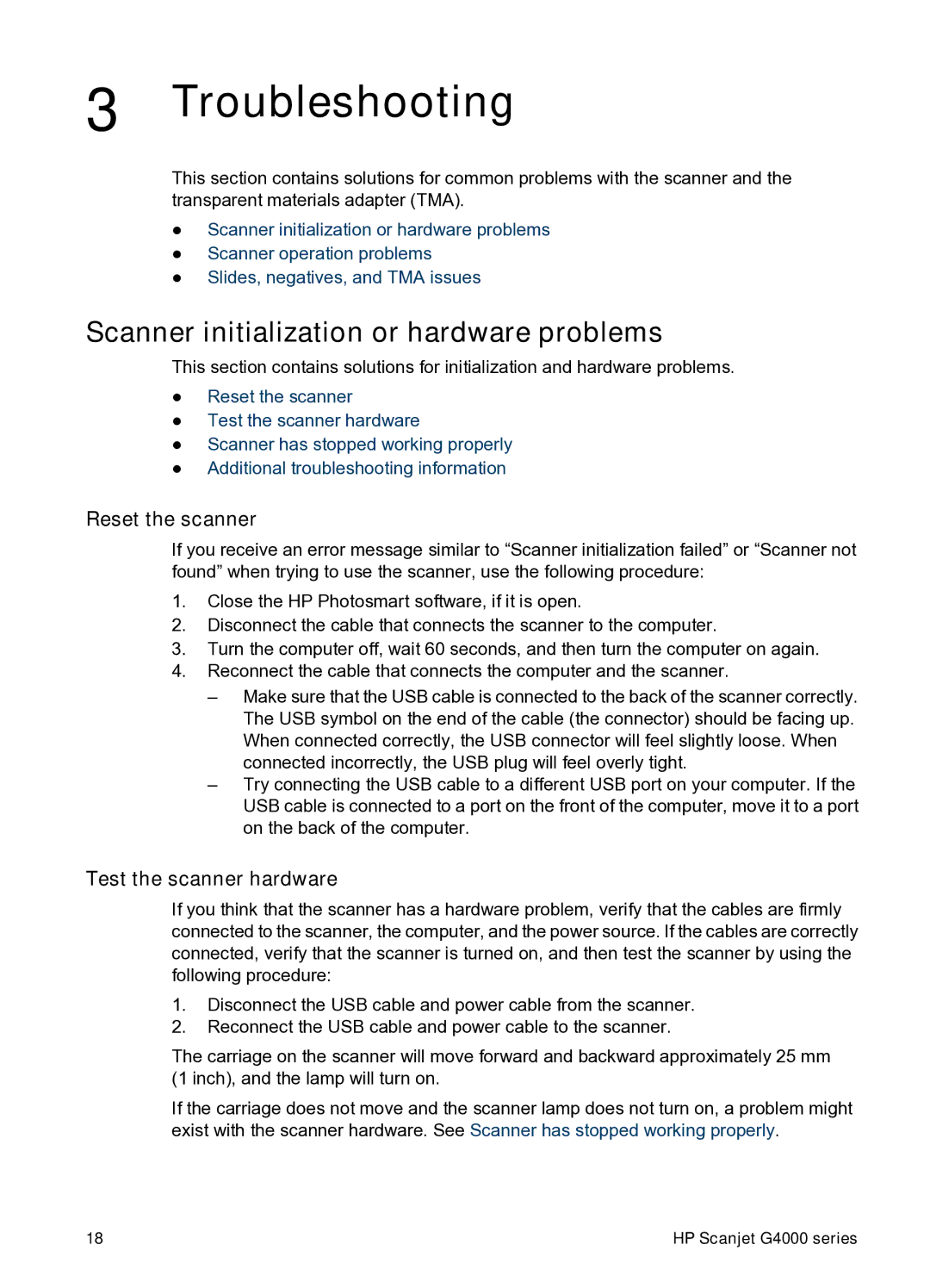 HP G4010 Photo Troubleshooting, Scanner initialization or hardware problems, Reset the scanner, Test the scanner hardware 