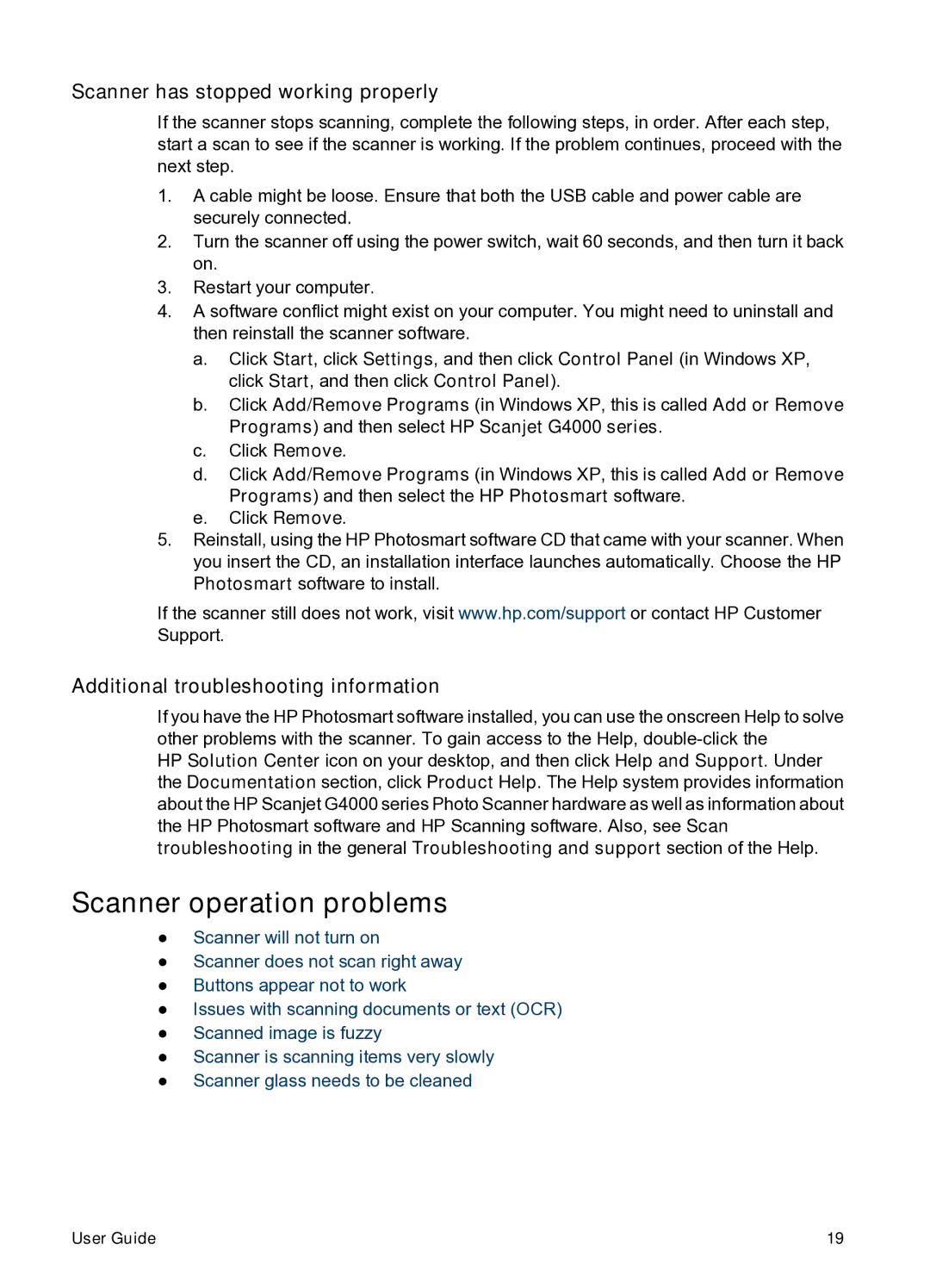 HP G4010 Photo Scanner operation problems, Scanner has stopped working properly, Additional troubleshooting information 