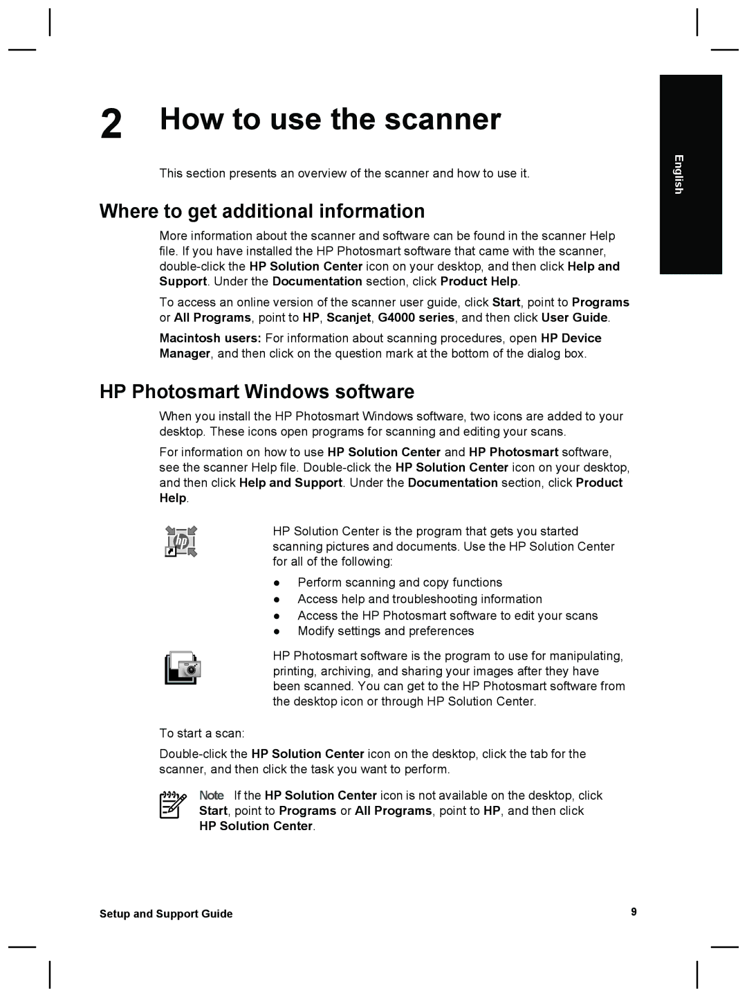 HP G4010 Photo manual How to use the scanner, Where to get additional information, HP Photosmart Windows software 