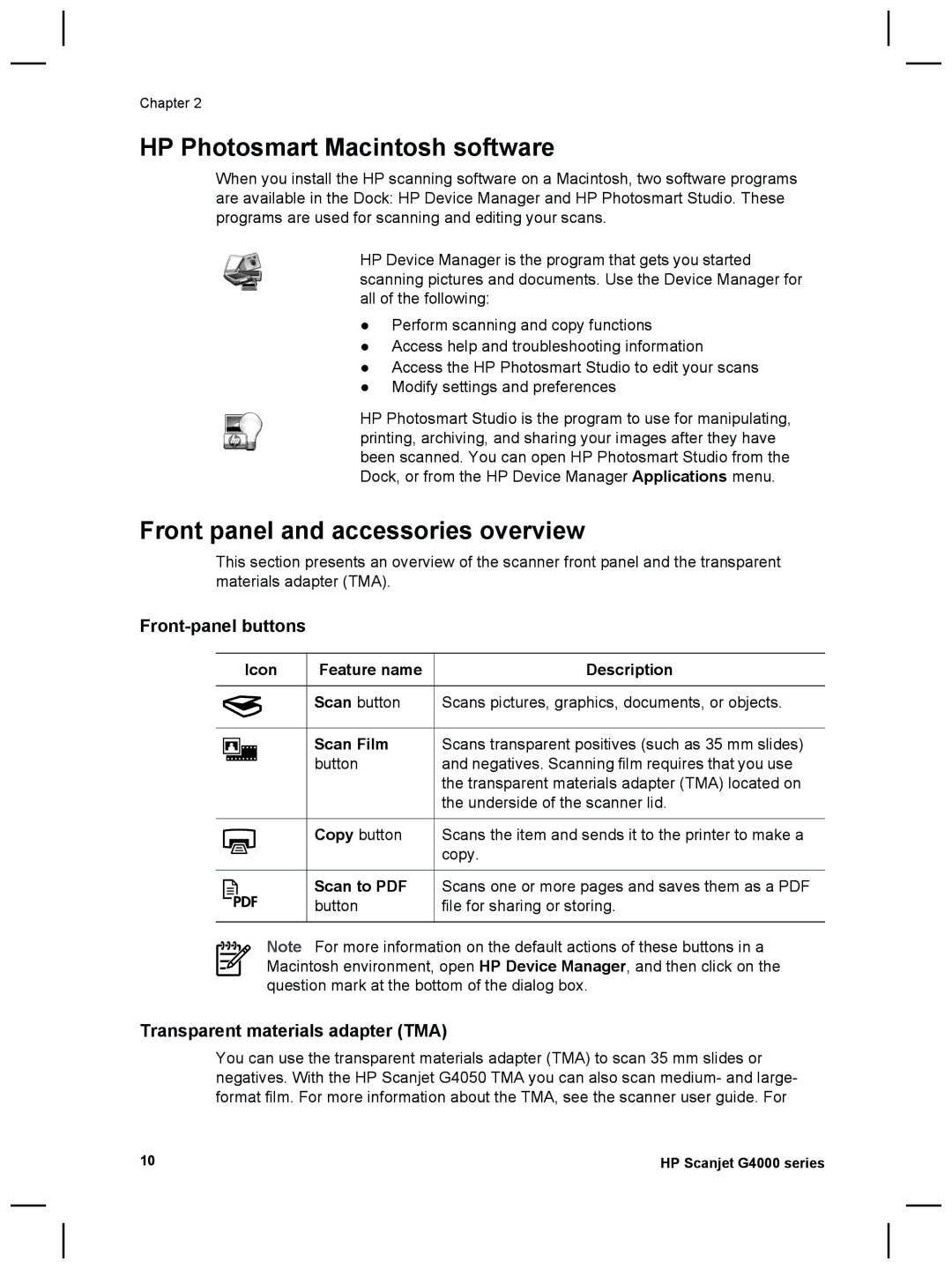 HP G4010 Photo manual HP Photosmart Macintosh software, Front panel and accessories overview 