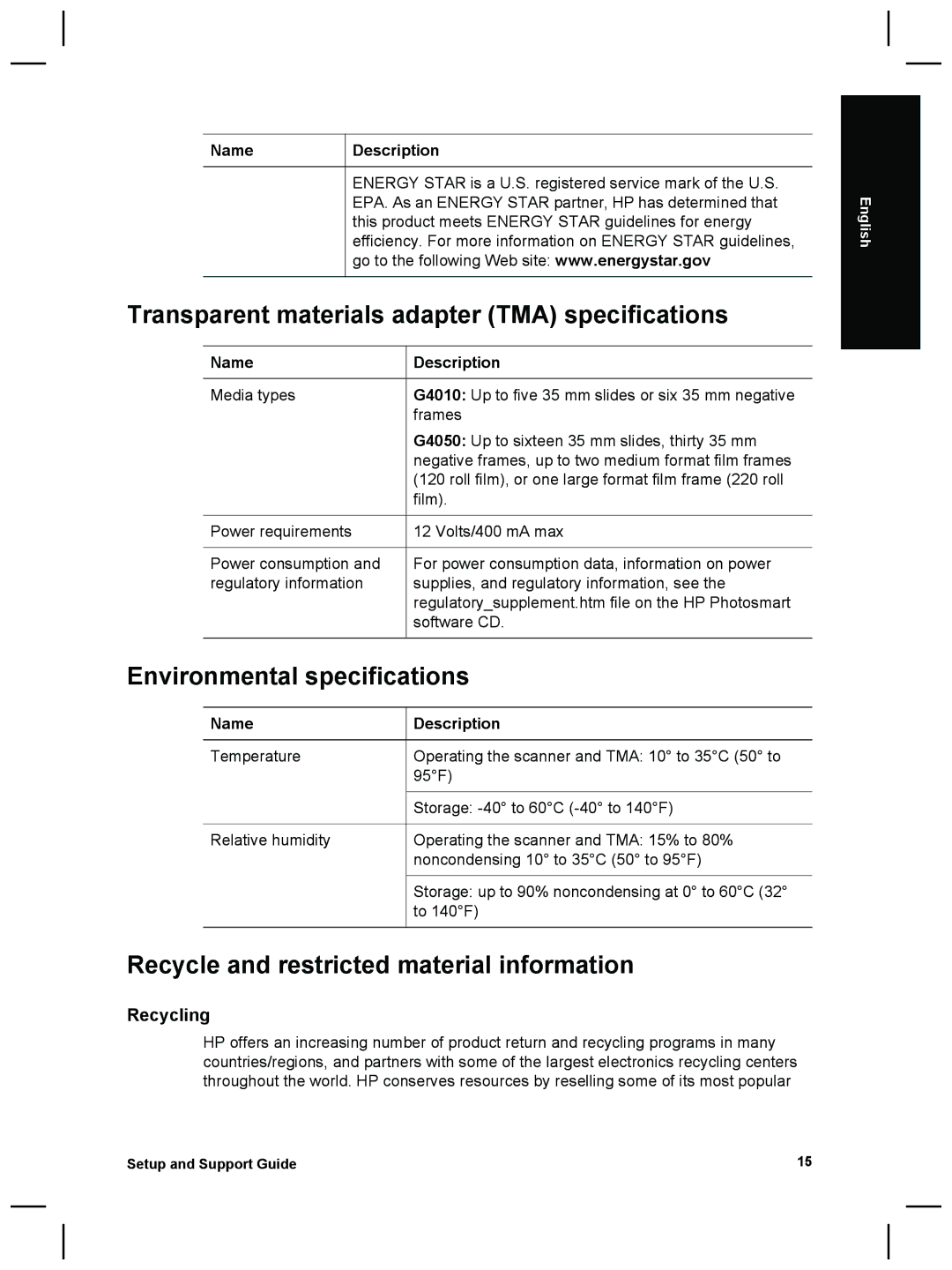 HP G4010 Photo manual Transparent materials adapter TMA specifications, Environmental specifications 