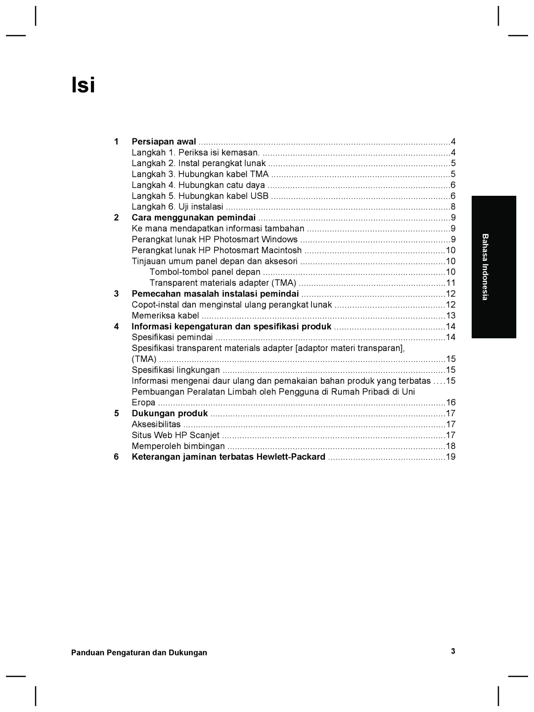 HP G4010 Photo manual Isi, Informasi kepengaturan dan spesifikasi produk 