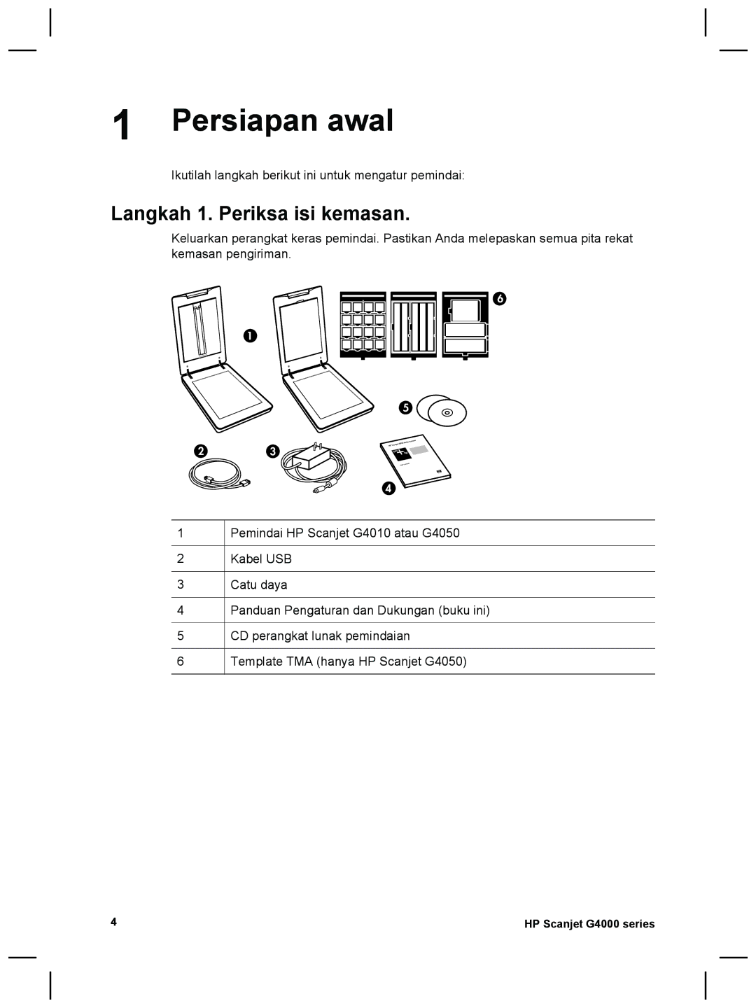 HP G4010 Photo manual Persiapan awal, Langkah 1. Periksa isi kemasan 