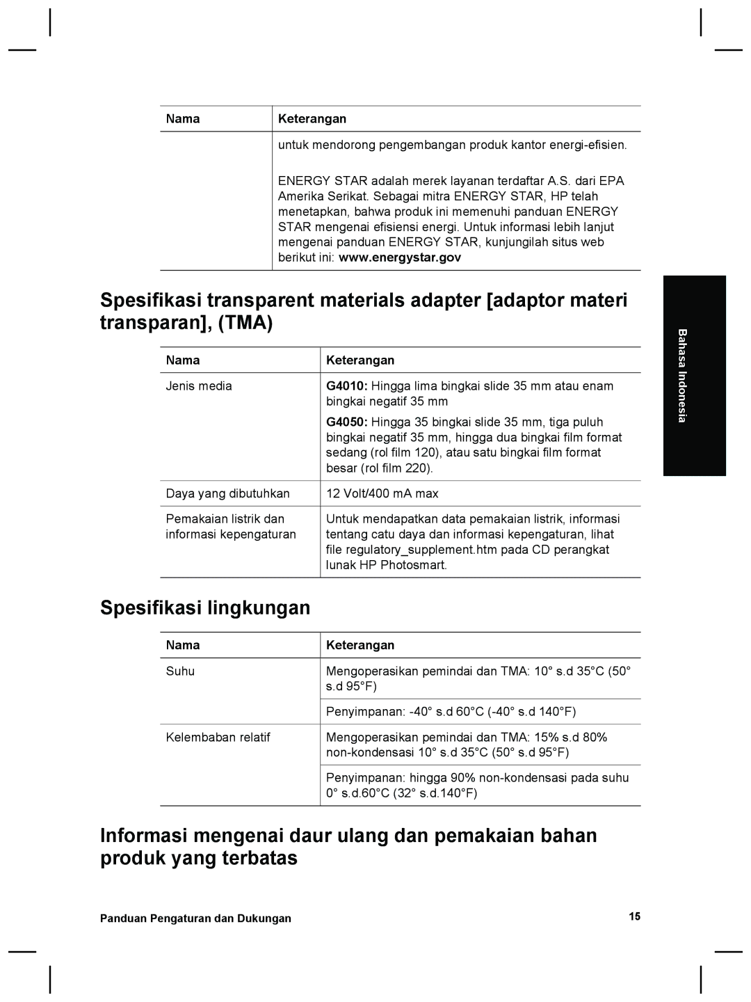 HP G4010 Photo manual Spesifikasi lingkungan 